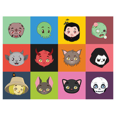 Halloween character portraits on colorful backgrounds