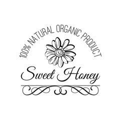 Bee on flower. Sweet honey label, logo, badge. Eco product. Vector illustration.