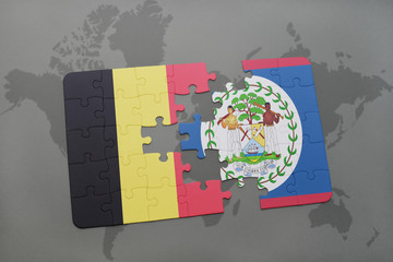 puzzle with the national flag of belgium and belize on a world map background.