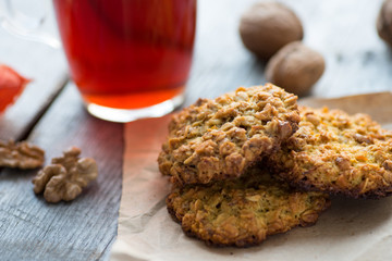 Homemade oatmeal cookies served with cup of tea