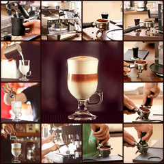 Collage of preparing latte in cafe