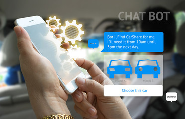 Chat bot , car sharing ,rental car and future marketing concept.Customer hand holding tablet find car share and popup out smart phone screen with automatic chatbot message screen,inside car background