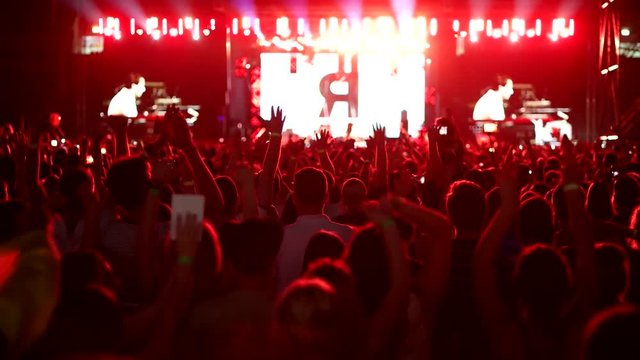 Bright flashes of light stage, a large number of people, musicians, opened the concert with a lot of spectators and fans jumping to the music on the background of large screens, outdoor concert