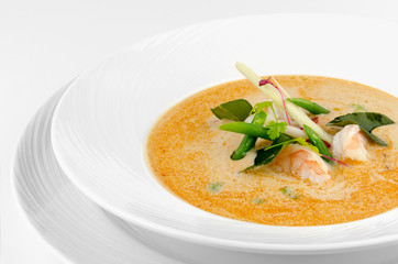 Tom Yum soup thai food traditional cuisine with ingredient on white isolated background, closeup