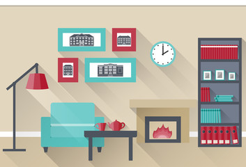 Interior of living room with chimney. Vector illustration in flat design with long shadows.