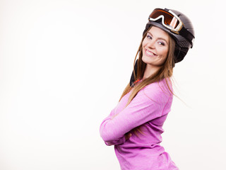 Woman with sporty helmet.