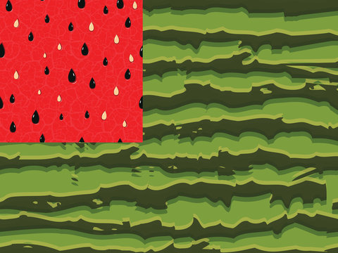 Watermelon flag as symbol of summer with red and green seamless parts, the red pulp dark green stripes of the rind is made in the form of the flag of the USA. Vector illustration.