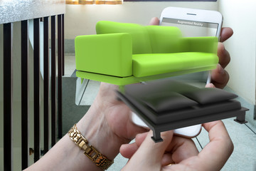 Augmented reality marketing technology concept. Hand holding smart phone use AR application for simulate furniture and interior design products in room home. 3D rendering