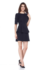 Sexy brunette woman skinny business style dress black color