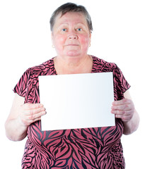 Satisfied senior woman holding blank placard, place your own tex