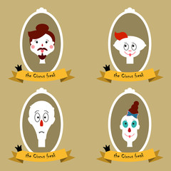 The circus freaks Vector illustration Portraits of circus freaks in white frames and labels Flat design