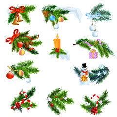 Christmas design elements set. Christmas tree branches and decoration.