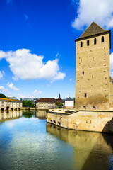 Strasbourg, tower of medieval bridge Ponts Couverts. Alsace, Fra