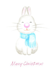Hand-drawn Christmas greeting with funny little creatures. watercolor pencils