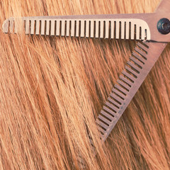 Obraz premium Close up detail. Special scissors cutting hair.