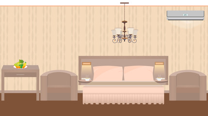 East hotel room interior with furniture, chandelier, air conditi