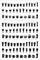 Set of black icons beer glass. Beer glasses and mugs silhouettes. Vector illustration