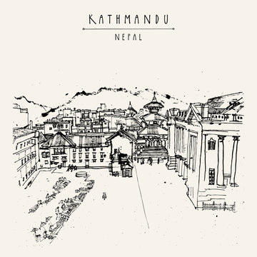 Durbar square and Maju Deval temple in Basantapur, Kathmandu, Nepal, before the earthquake. Travel sketch. Hand drawn vintage postcard, poster template or book illustration in vector