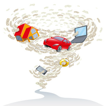 A lot of money, dollars bills in a strong wind in the form of a tornado, storm raised and spin the car, gadgets, laptop, technology, house, jewelry. The concept of financial, crisis, crediting. Vector