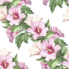 Seamless pattern with hibiscus. Hand draw watercolor illustration.