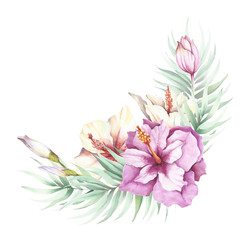 Image of tropical flowers and leaves. Watercolor illustration.