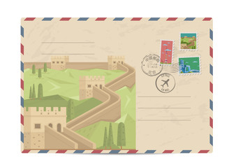 China vintage postal envelope with postage stamps and postmarks on white background, isolated vector illustration. Air mail stamp. Great wall of China. Postal services. Envelope delivery.