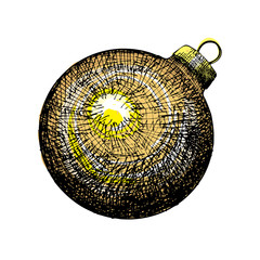 Gold Christmas ball for xmas and New Year tree decoration made of glass. Hand drawing. Yellow Evening holiday ball, hand drawn, isolated on white background.