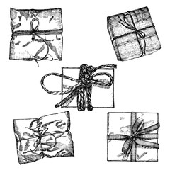 Set of Gift box with ribbon, string and bow. Hand drawn realistic illustration. Top view close up drawing of gift box collection isolated on white background. 