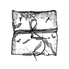 Gift box with ribbon, string and bow. Hand drawn realistic illustration. Top view close up drawing of gift box Isolated on white background. 
