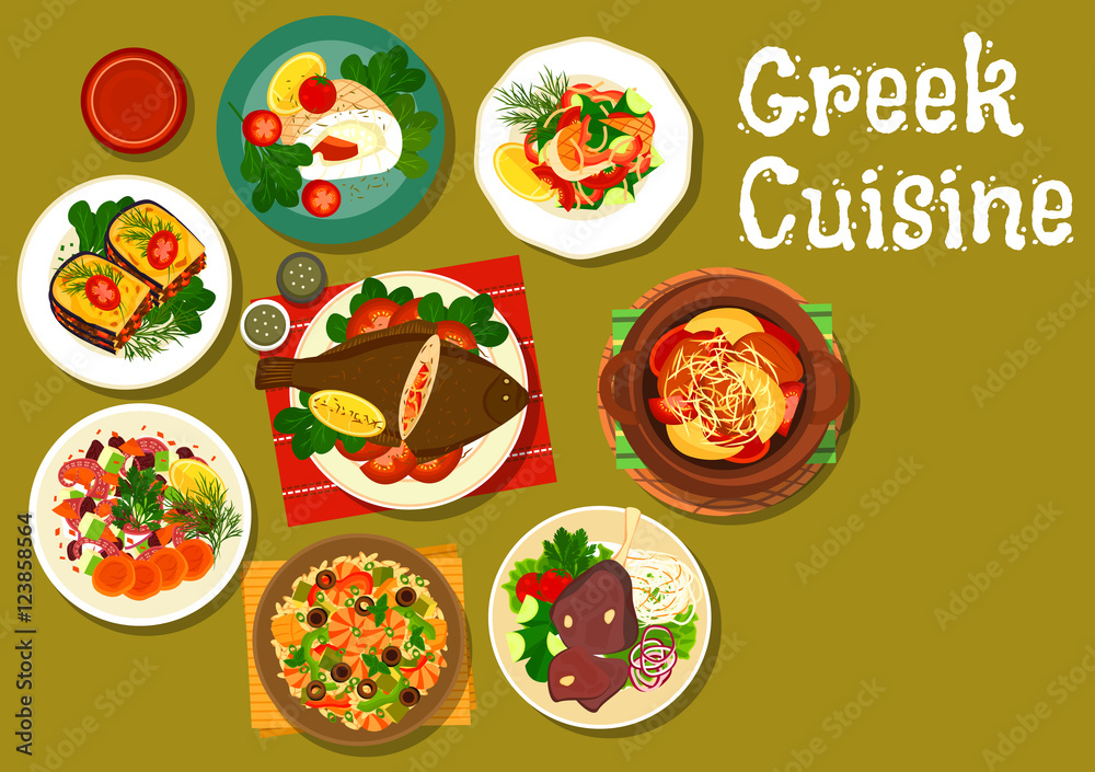 Sticker greek cuisine dishes with fish and lamb icon