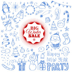 Winter sale poster with Christmas doodles. Vector illustration.