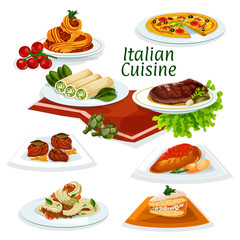 Italian cuisine dinner with dessert cartoon icon