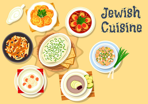 Jewish cuisine dishes icon for kosher menu design