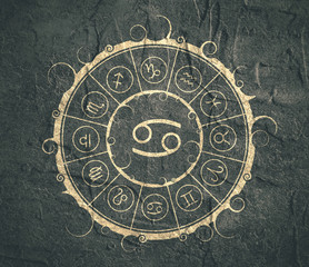 Astrological symbols in the circle. Concrete wall textured. Cancer sign