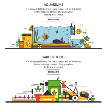 Aquarium and garden tools banners in flat style. Vector design elements, icons.