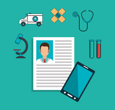 doctor curriculum vitae with smartphone and medical icon set over blue background. colorful design. vector illustration
