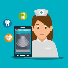 avatar woman nurse and smartphone device with radiography on screen and medice icons. vector illustration