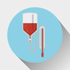 medical blood bag and thermometer over blue circle and white background. vector illustration