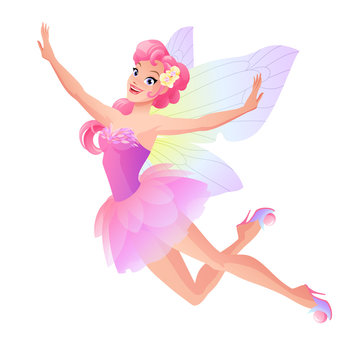Cute flying fairy in pink petal dress with butterfly wings