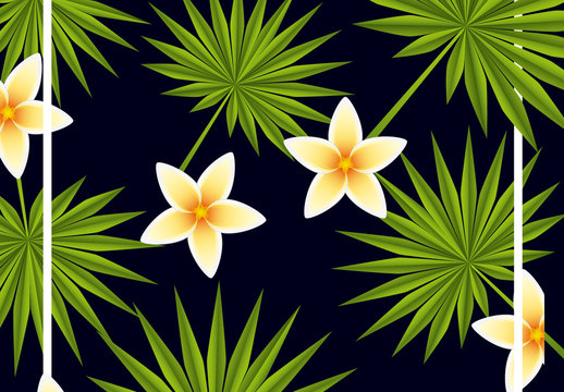 Green Palm Leaves and Plumeria Flowers Frame Template