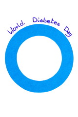 Blue circle of paper and date written on white background, symbol of world diabetes day