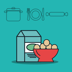 milk box and bowl with eggs and kitchen utensils over blue background. vector illustration