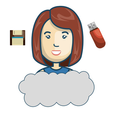cloud with avatar woman smiling and diskette and usb falsh drive over white background. vector illustration