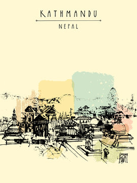 Pashupatinath Hindu temple, Kathmandu, Nepal. Travel sketch on Nepalese paper. Artistic hand drawing of a sacred place. Above city view. Hand drawn touristic postcard, poster. Calendar illustration