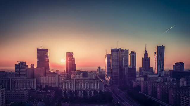 Sunrise above Warsaw Downtown Skyline, Poland