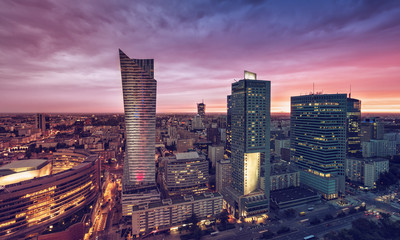 Warsaw Downtown, Poland. Sunset behind the skyscrapers