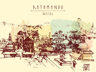 Pashupatinath Hindu temple, Kathmandu, Nepal. Travel sketch on Nepalese paper. Artistic hand drawing of a sacred place. Above city view. Hand drawn touristic postcard, poster. Book illustration