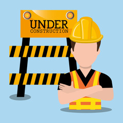 avatar construction worker with yellow helmet safety equipment and barrier icon over blue background. vector illustration