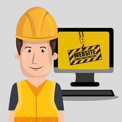 avatar man worker with yellow helmet safety equipment and computer device. website under construction design. vector illustration