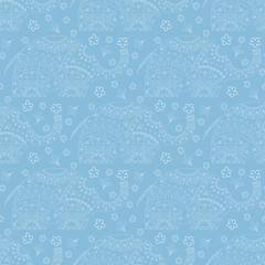 Seamless pattern with elephants and flowers. Background for textile, baby shower, greeting card, wrapping. Floral ornament. Doodling.